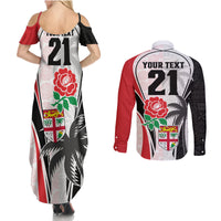 Custom Fiji England Rugby Couples Matching Summer Maxi Dress and Long Sleeve Button Shirts Tapa Pattern and Rose Flower World Cup 2023 LT9 - Polynesian Pride