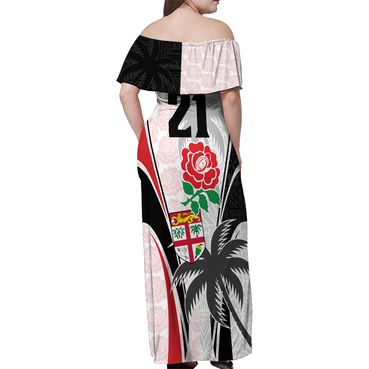 Custom Fiji England Rugby Family Matching Off Shoulder Maxi Dress and Hawaiian Shirt Tapa Pattern and Rose Flower World Cup 2023 LT9 - Polynesian Pride