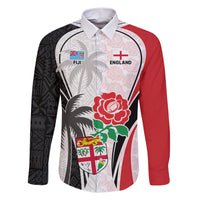 Custom Fiji England Rugby Family Matching Short Sleeve Bodycon Dress and Hawaiian Shirt Tapa Pattern and Rose Flower World Cup 2023 LT9 Dad's Shirt - Long Sleeve White - Polynesian Pride