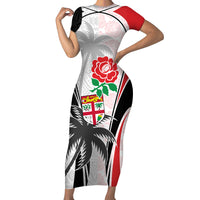 Custom Fiji England Rugby Family Matching Short Sleeve Bodycon Dress and Hawaiian Shirt Tapa Pattern and Rose Flower World Cup 2023 LT9 Mom's Dress White - Polynesian Pride