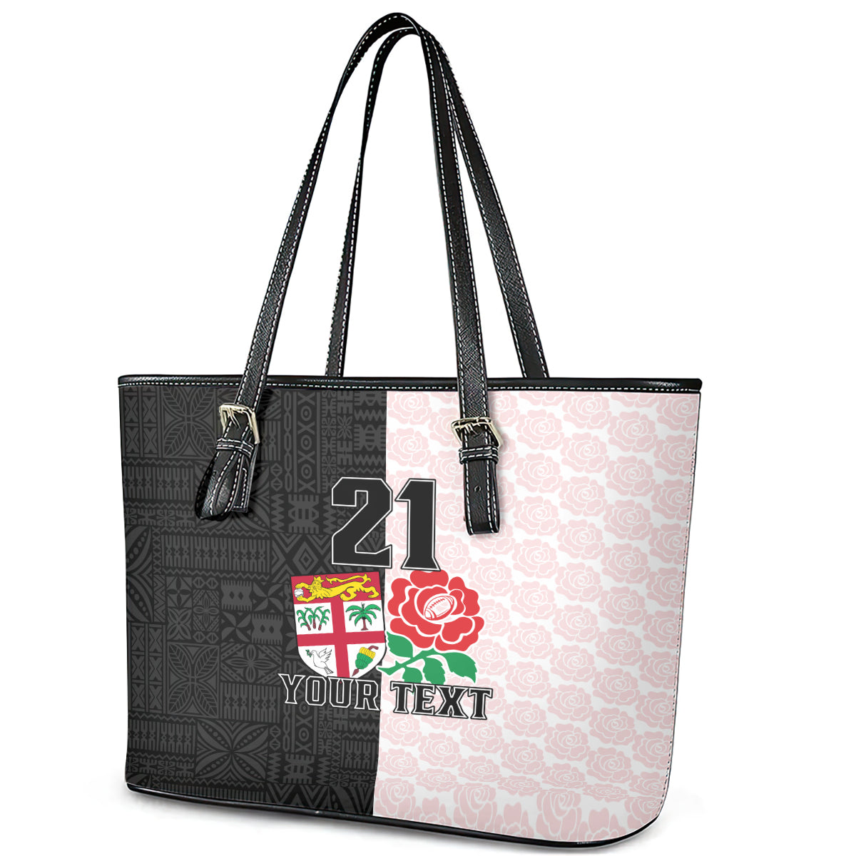 Custom Fiji England Rugby Leather Tote Bag Tapa Pattern and Rose Flower World Cup 2023 LT9 - Polynesian Pride