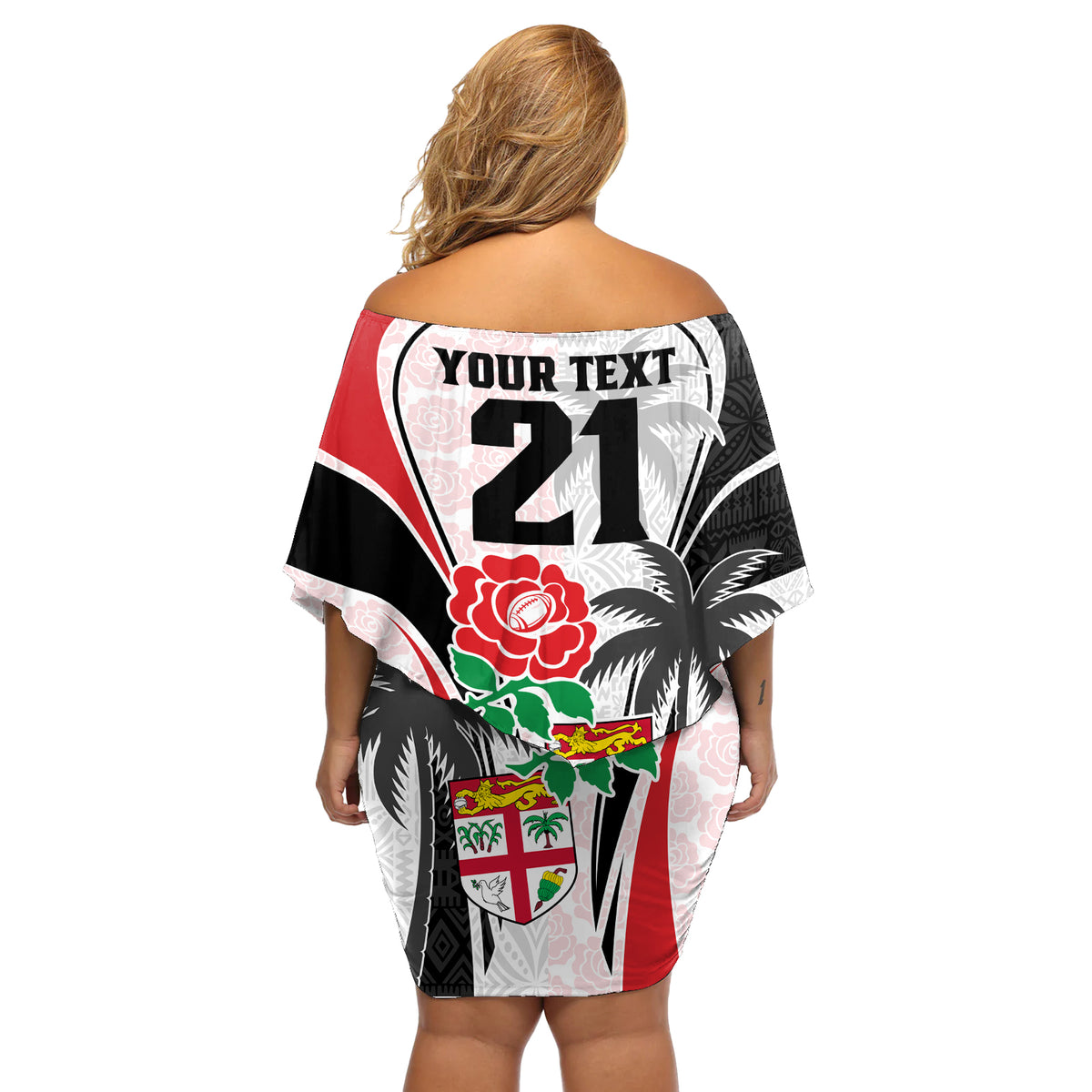 Custom Fiji England Rugby Off Shoulder Short Dress Tapa Pattern and Rose Flower World Cup 2023 LT9 - Polynesian Pride