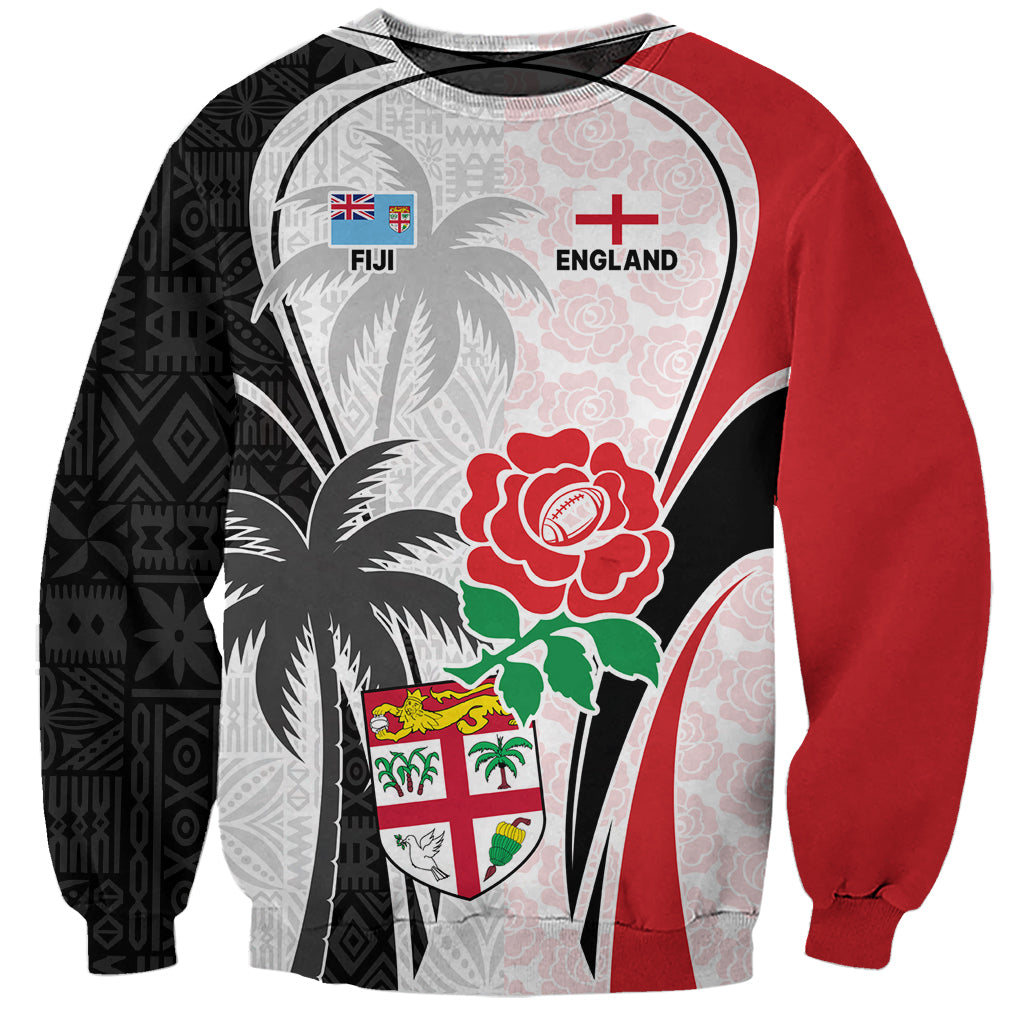 Custom Fiji England Rugby Sweatshirt Tapa Pattern and Rose Flower World Cup 2023 LT9 Unisex White - Polynesian Pride