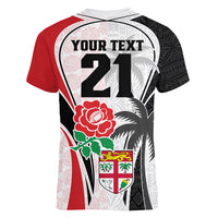 Custom Fiji England Rugby Women V Neck T Shirt Tapa Pattern and Rose Flower World Cup 2023 LT9 - Polynesian Pride