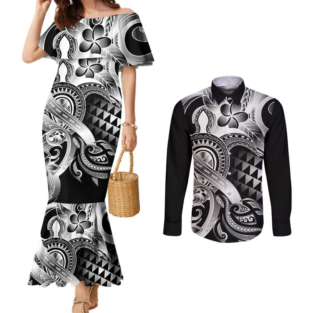 Aloha Black Tribal Honu Tattoo Couples Matching Mermaid Dress and Long Sleeve Button Shirt