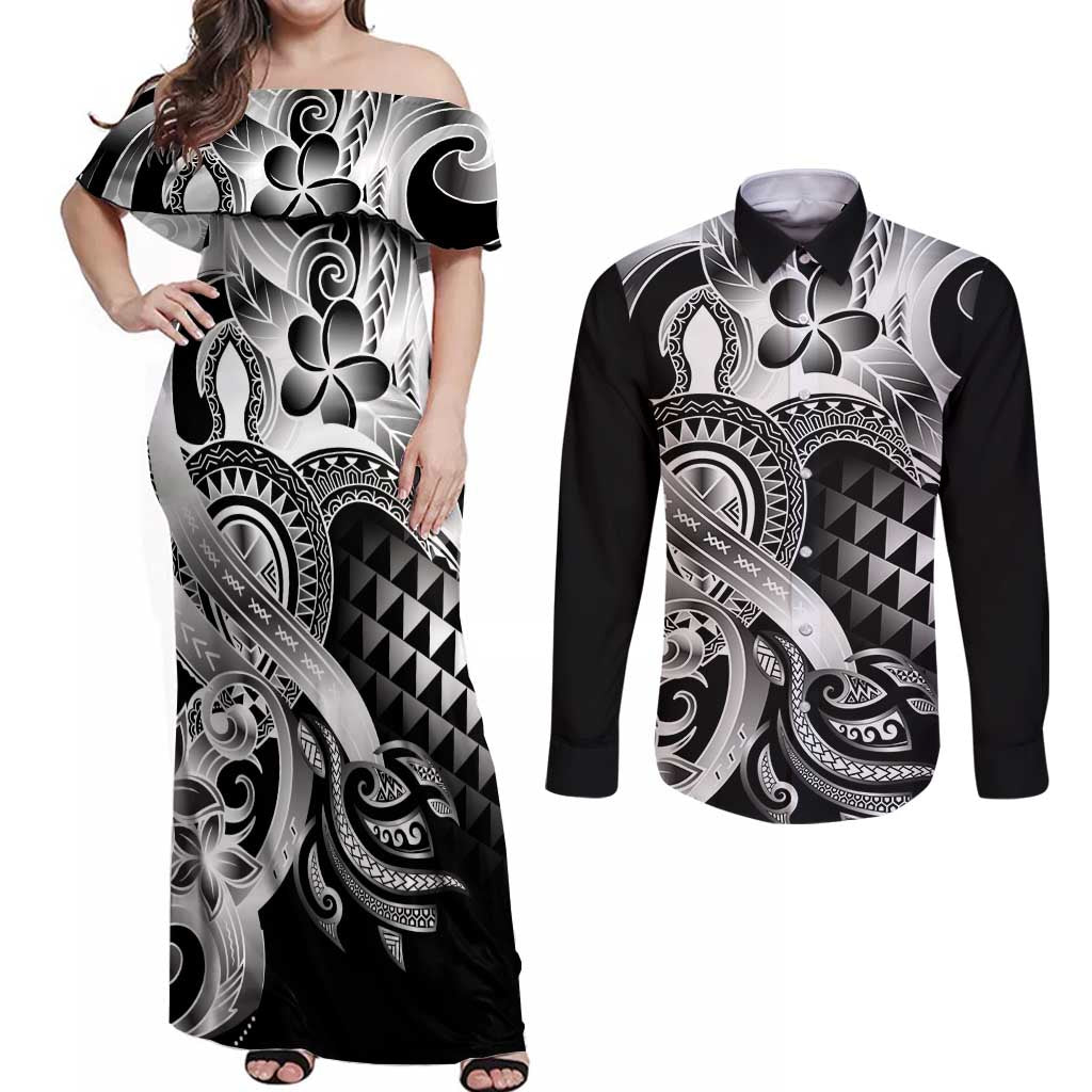 Aloha Black Tribal Honu Tattoo Couples Matching Off Shoulder Maxi Dress and Long Sleeve Button Shirt LT9 Black - Polynesian Pride