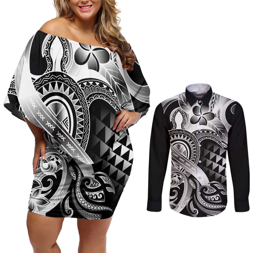 Aloha Black Tribal Honu Tattoo Couples Matching Off Shoulder Short Dress and Long Sleeve Button Shirt LT9 Black - Polynesian Pride