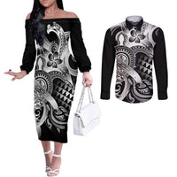 Aloha Black Tribal Honu Tattoo Couples Matching Off The Shoulder Long Sleeve Dress and Long Sleeve Button Shirt