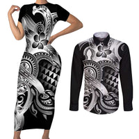 Aloha Black Tribal Honu Tattoo Couples Matching Short Sleeve Bodycon Dress and Long Sleeve Button Shirt