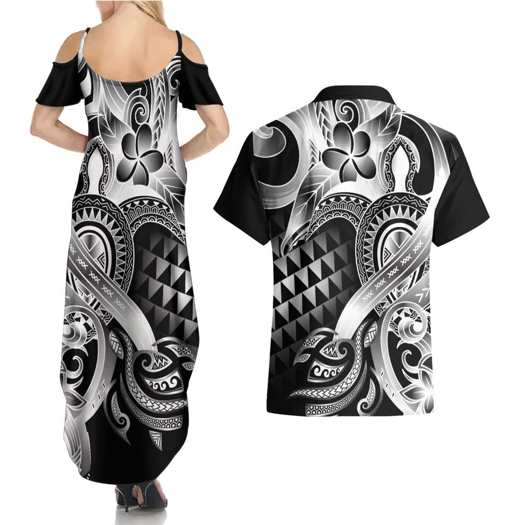 Aloha Black Tribal Honu Tattoo Couples Matching Summer Maxi Dress and Hawaiian Shirt