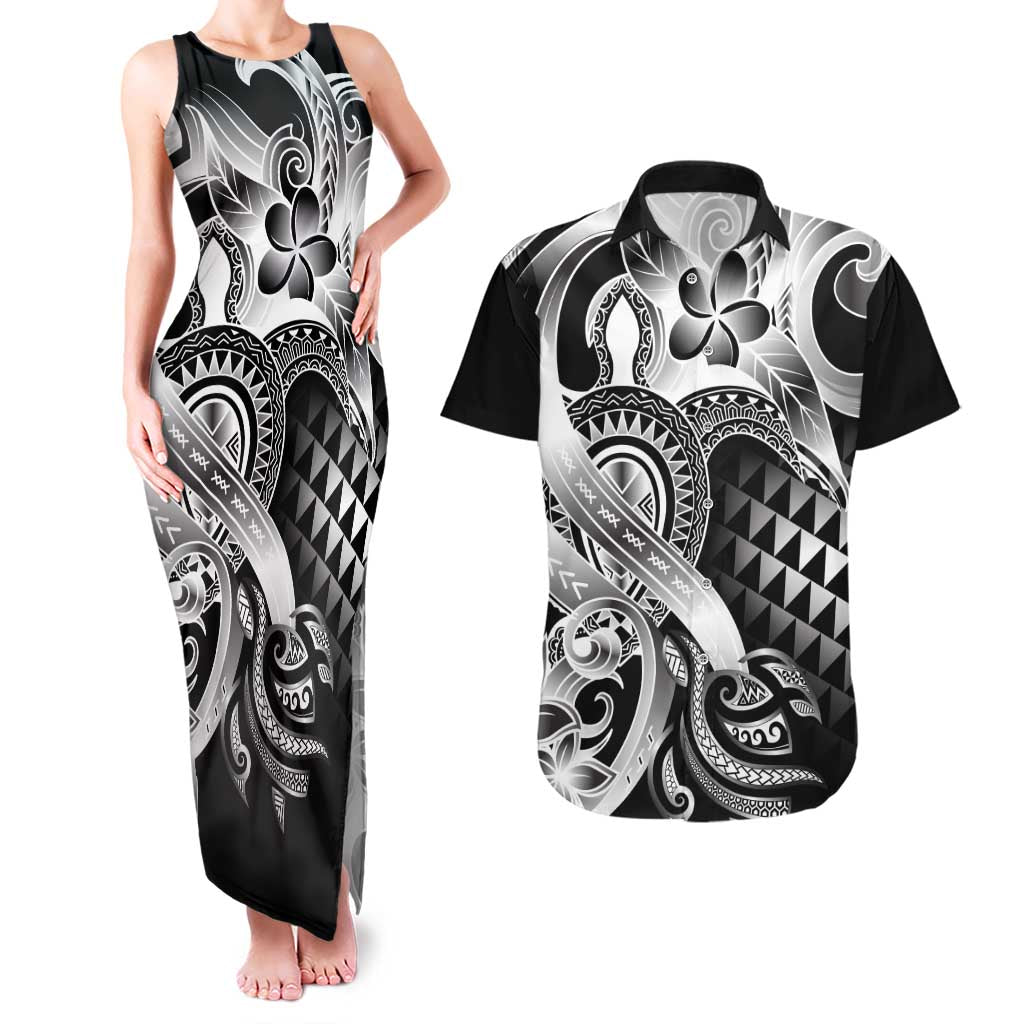 Aloha Black Tribal Honu Tattoo Couples Matching Tank Maxi Dress and Hawaiian Shirt LT9 Black - Polynesian Pride