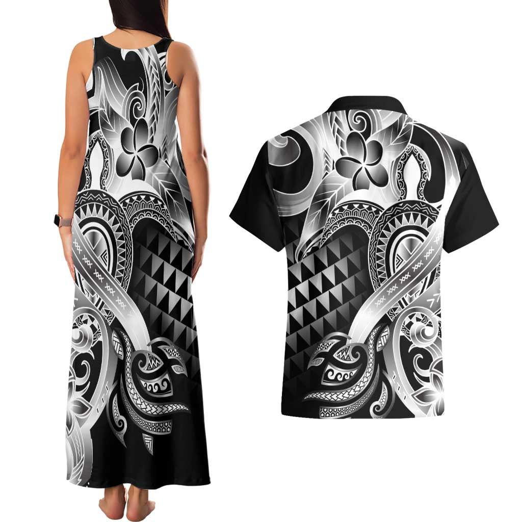Aloha Black Tribal Honu Tattoo Couples Matching Tank Maxi Dress and Hawaiian Shirt