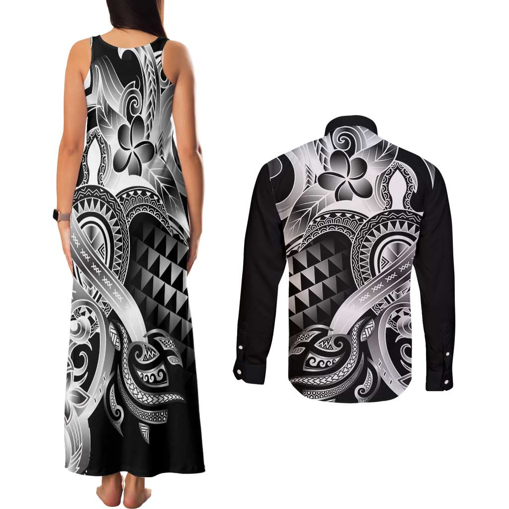 Aloha Black Tribal Honu Tattoo Couples Matching Tank Maxi Dress and Long Sleeve Button Shirt