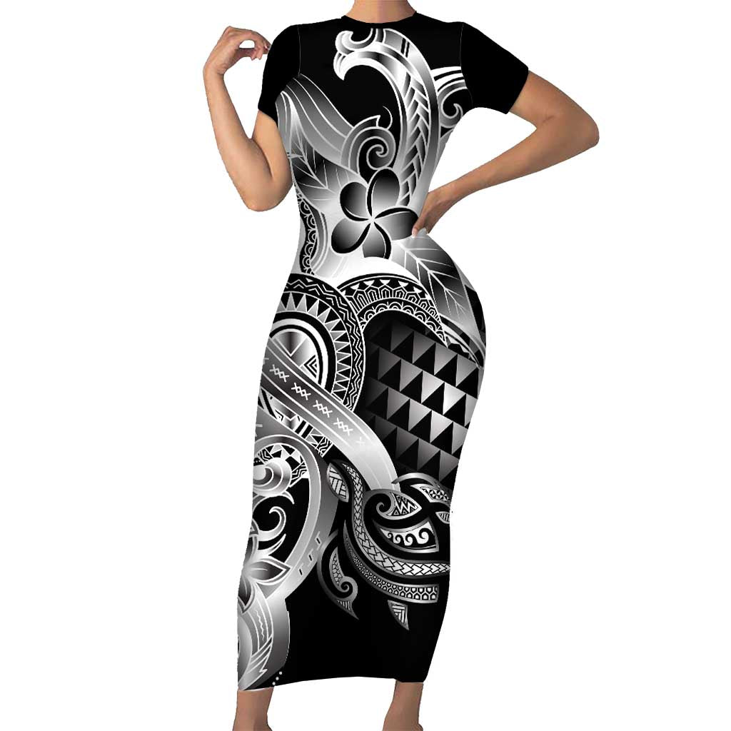 Aloha Black Tribal Honu Tattoo Short Sleeve Bodycon Dress LT9 Long Dress Black - Polynesian Pride