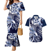 Aloha Blue Tribal Honu Tattoo Couples Matching Mermaid Dress and Hawaiian Shirt