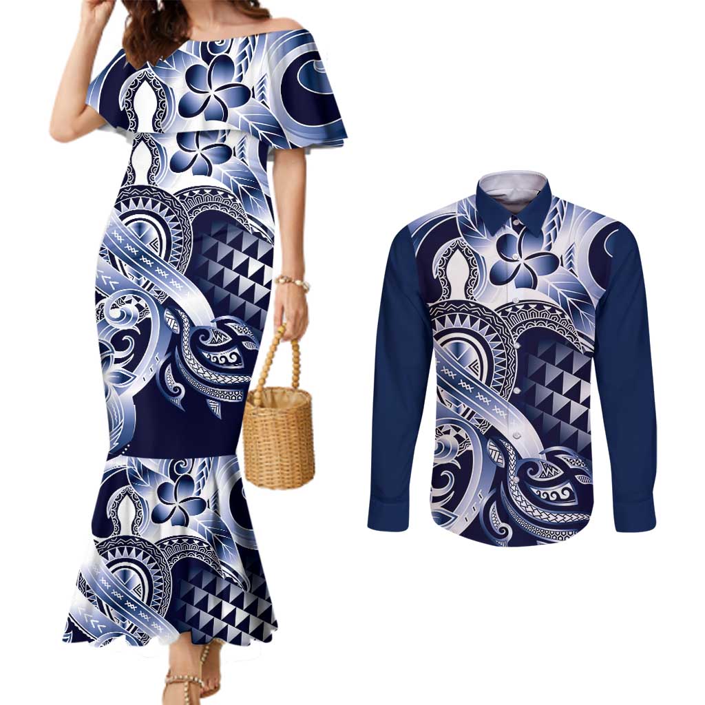 Aloha Blue Tribal Honu Tattoo Couples Matching Mermaid Dress and Long Sleeve Button Shirt