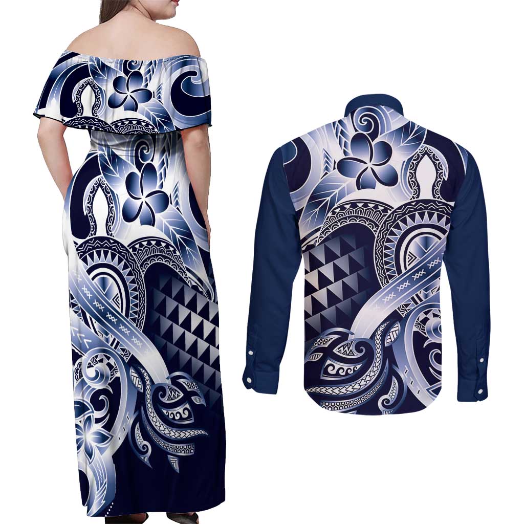 Aloha Blue Tribal Honu Tattoo Couples Matching Off Shoulder Maxi Dress and Long Sleeve Button Shirt