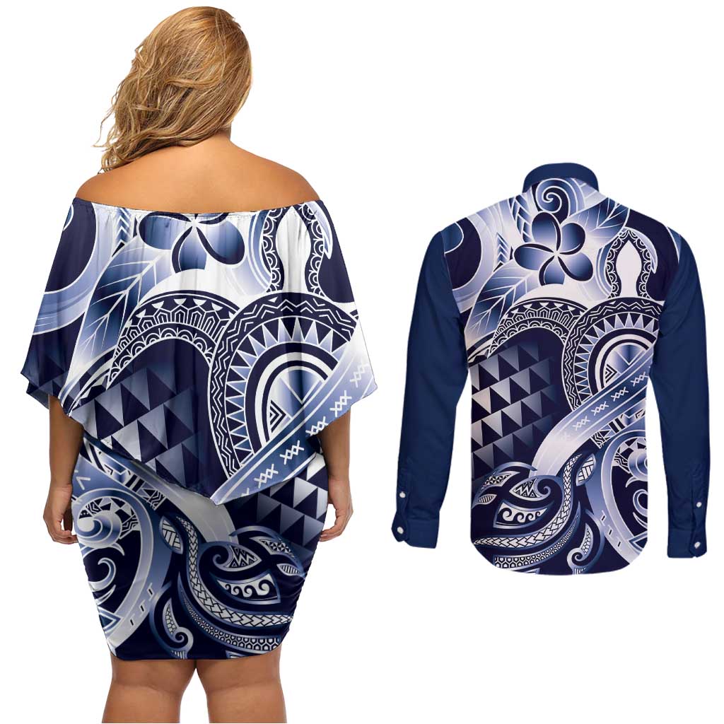 Aloha Blue Tribal Honu Tattoo Couples Matching Off Shoulder Short Dress and Long Sleeve Button Shirt