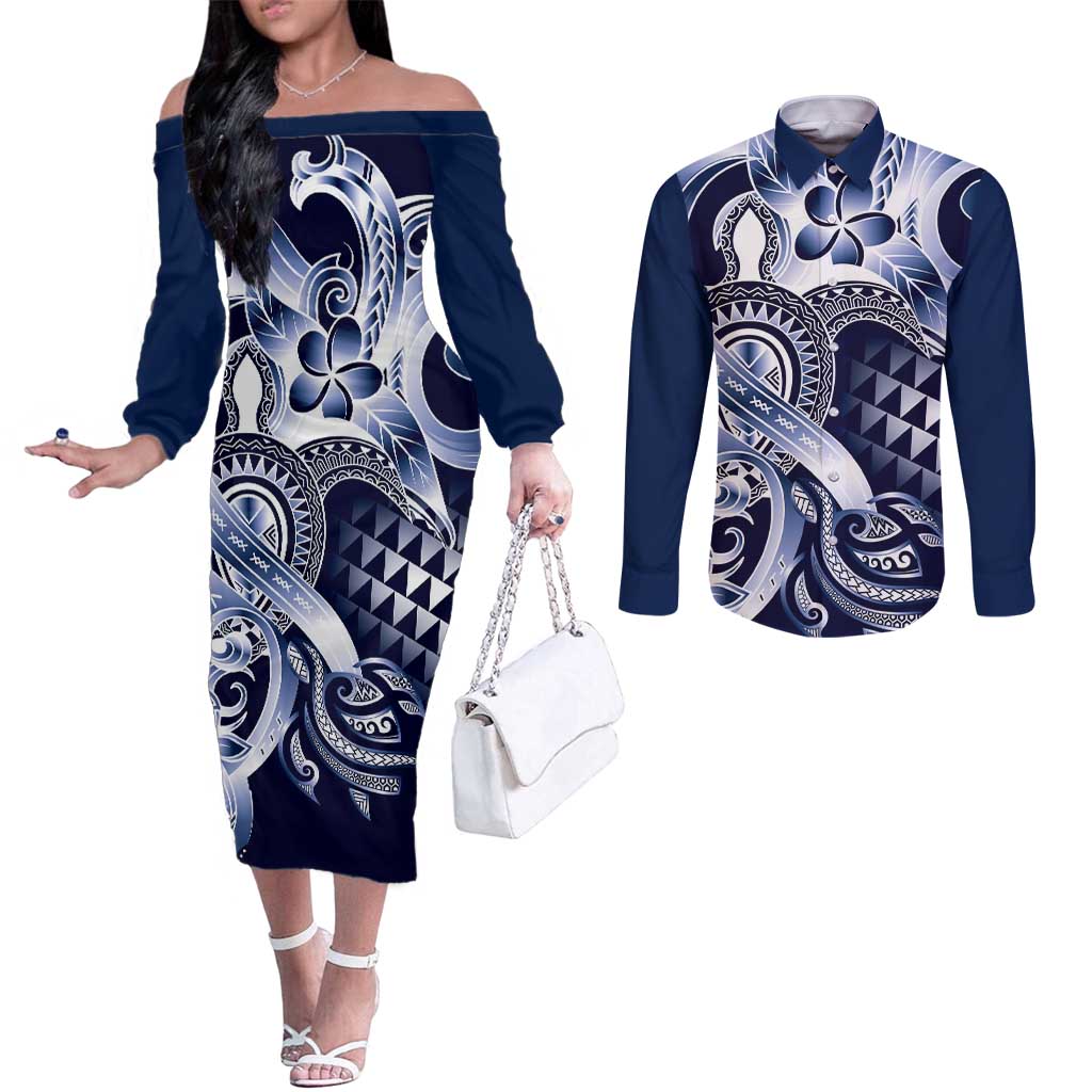 Aloha Blue Tribal Honu Tattoo Couples Matching Off The Shoulder Long Sleeve Dress and Long Sleeve Button Shirt