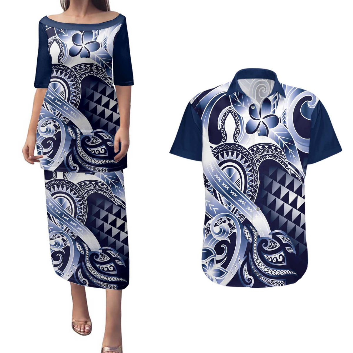 Aloha Blue Tribal Honu Tattoo Couples Matching Puletasi and Hawaiian Shirt