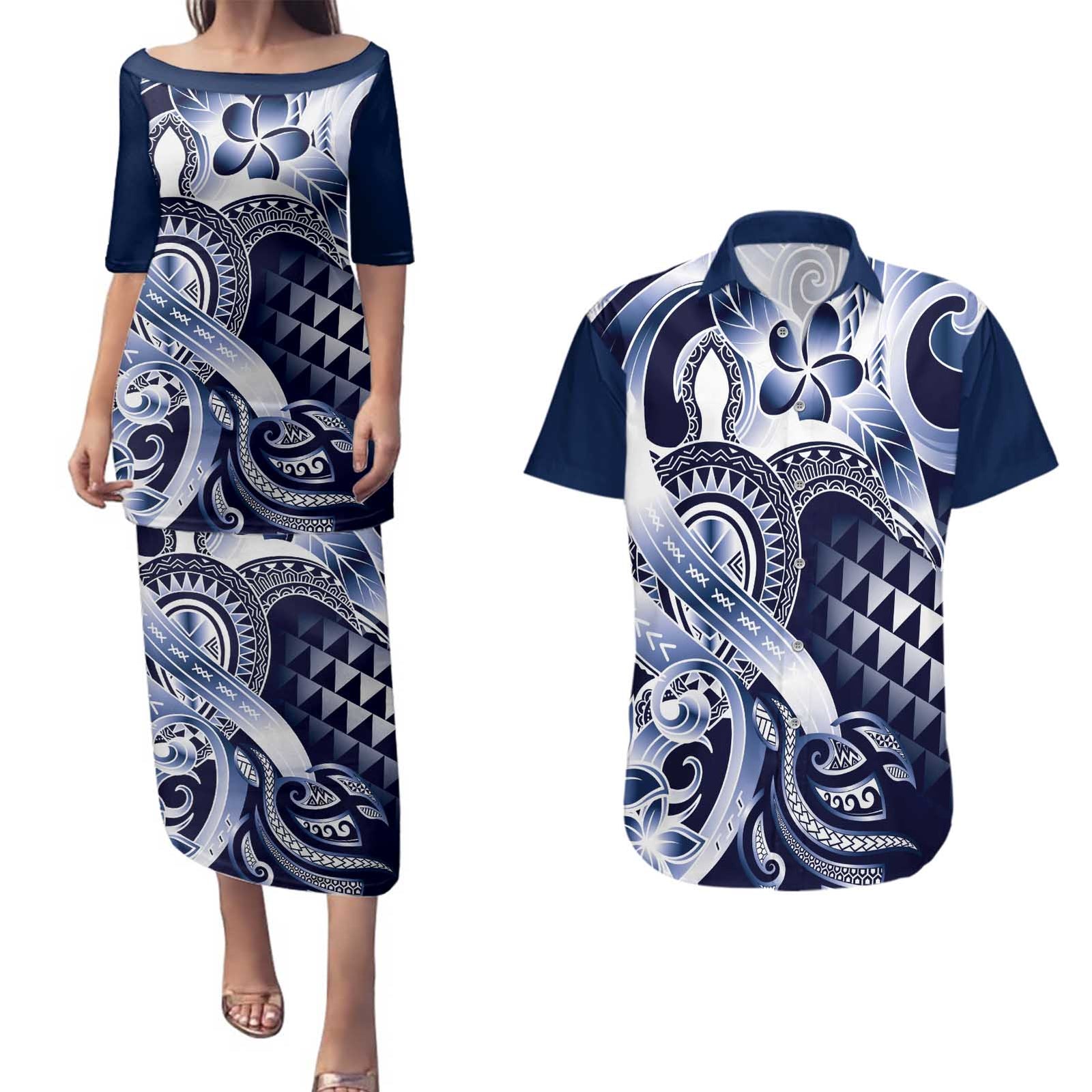 Aloha Blue Tribal Honu Tattoo Couples Matching Puletasi and Hawaiian Shirt LT9 Blue - Polynesian Pride