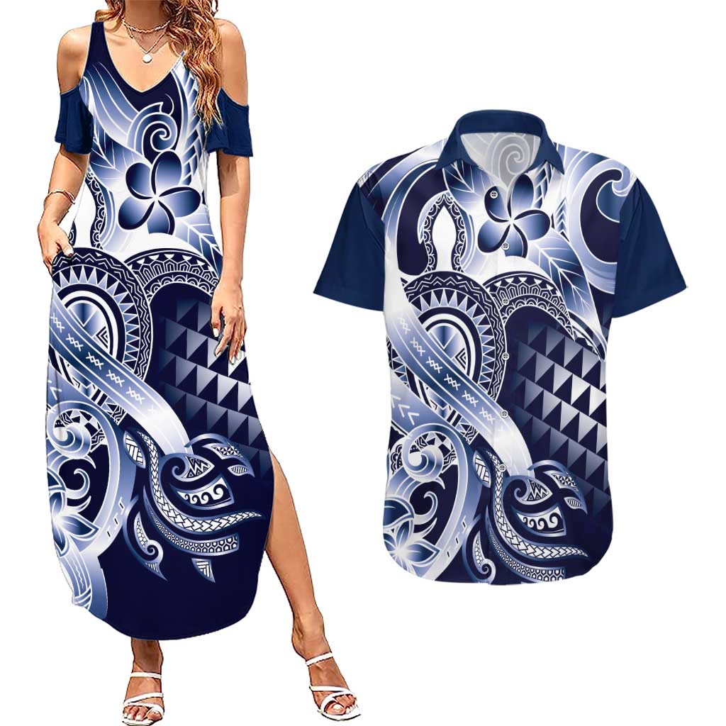 Aloha Blue Tribal Honu Tattoo Couples Matching Summer Maxi Dress and Hawaiian Shirt LT9 Blue - Polynesian Pride