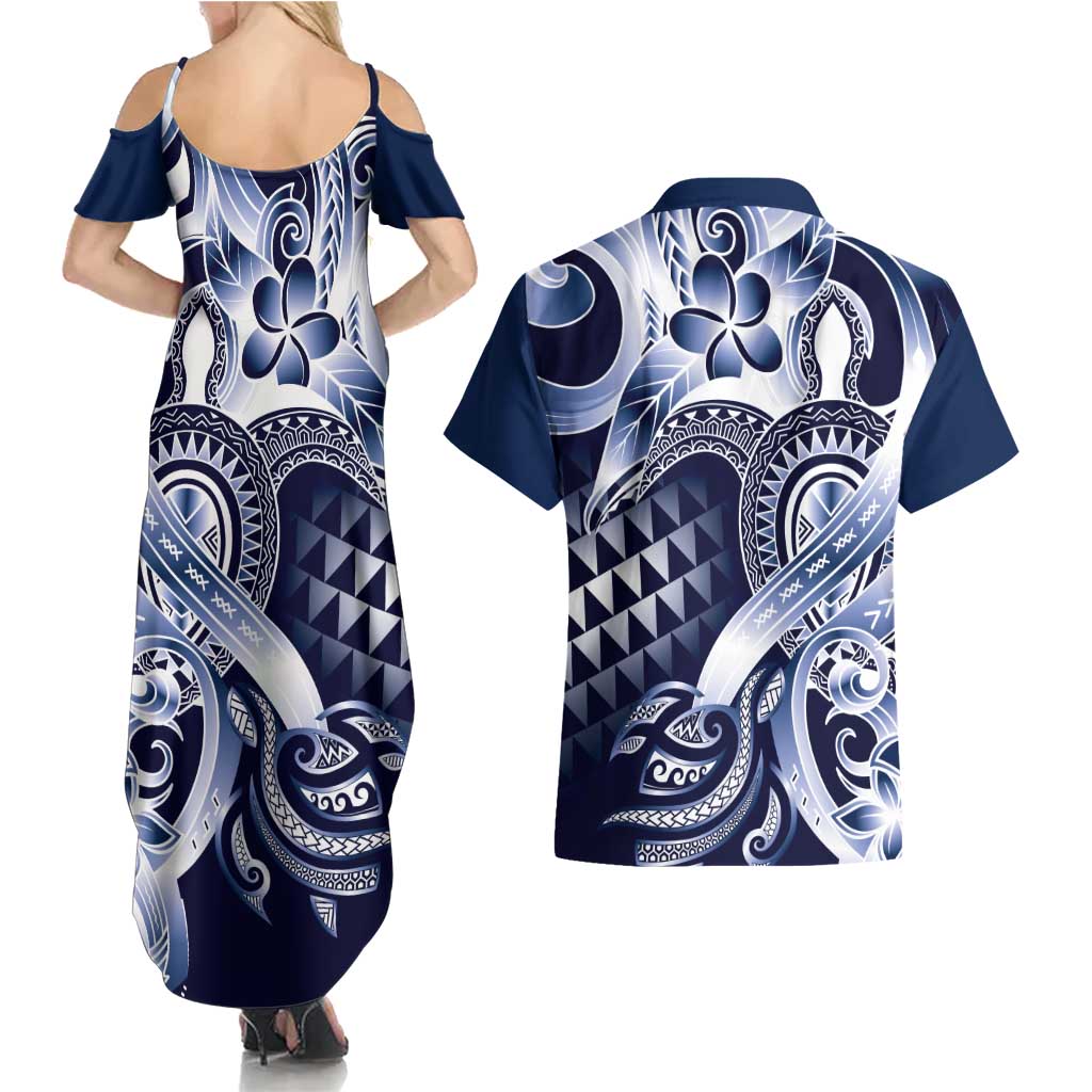 Aloha Blue Tribal Honu Tattoo Couples Matching Summer Maxi Dress and Hawaiian Shirt