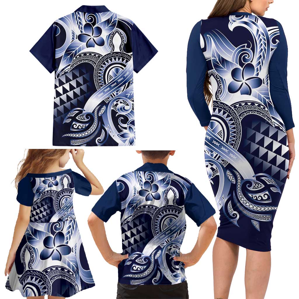 Aloha Blue Tribal Honu Tattoo Family Matching Long Sleeve Bodycon Dress and Hawaiian Shirt