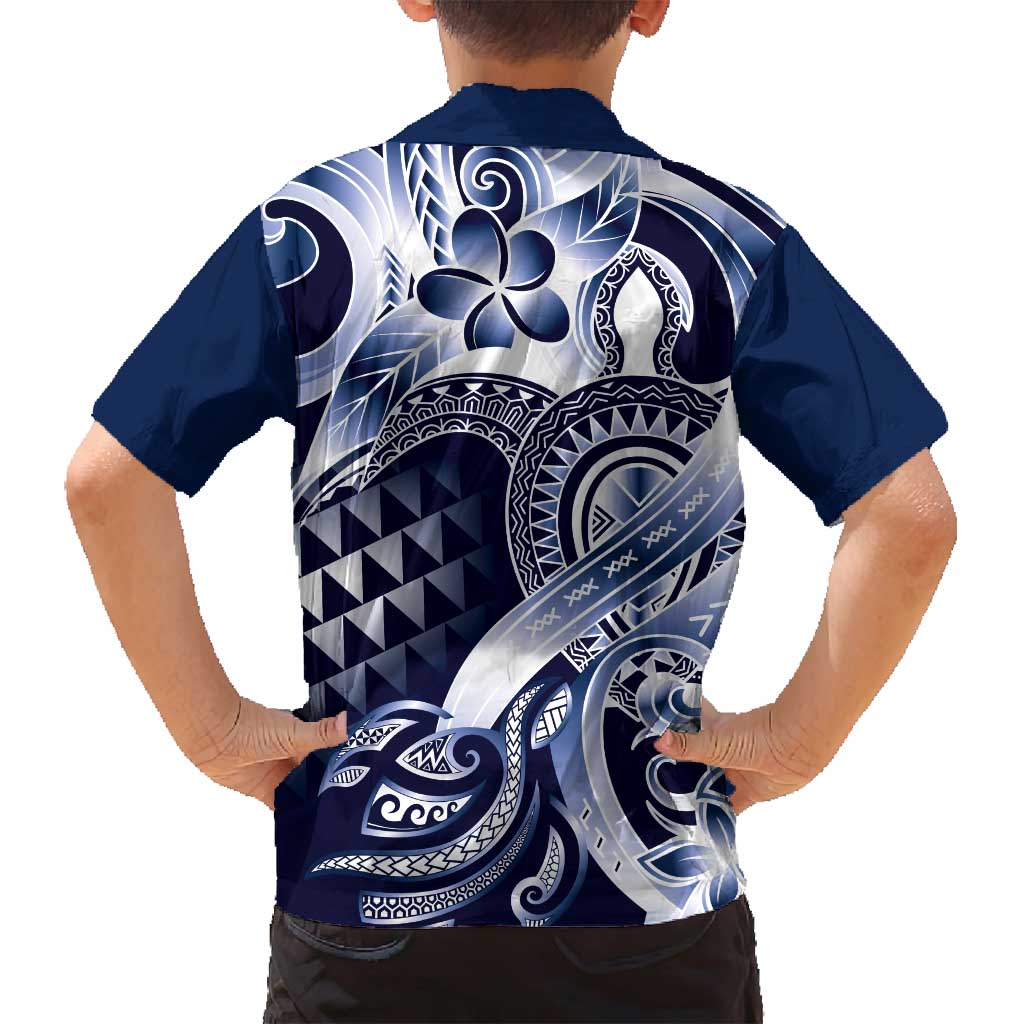 Aloha Blue Tribal Honu Tattoo Family Matching Tank Maxi Dress and Hawaiian Shirt