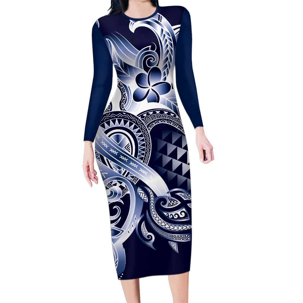 Aloha Blue Tribal Honu Tattoo Long Sleeve Bodycon Dress LT9 Long Dress Blue - Polynesian Pride