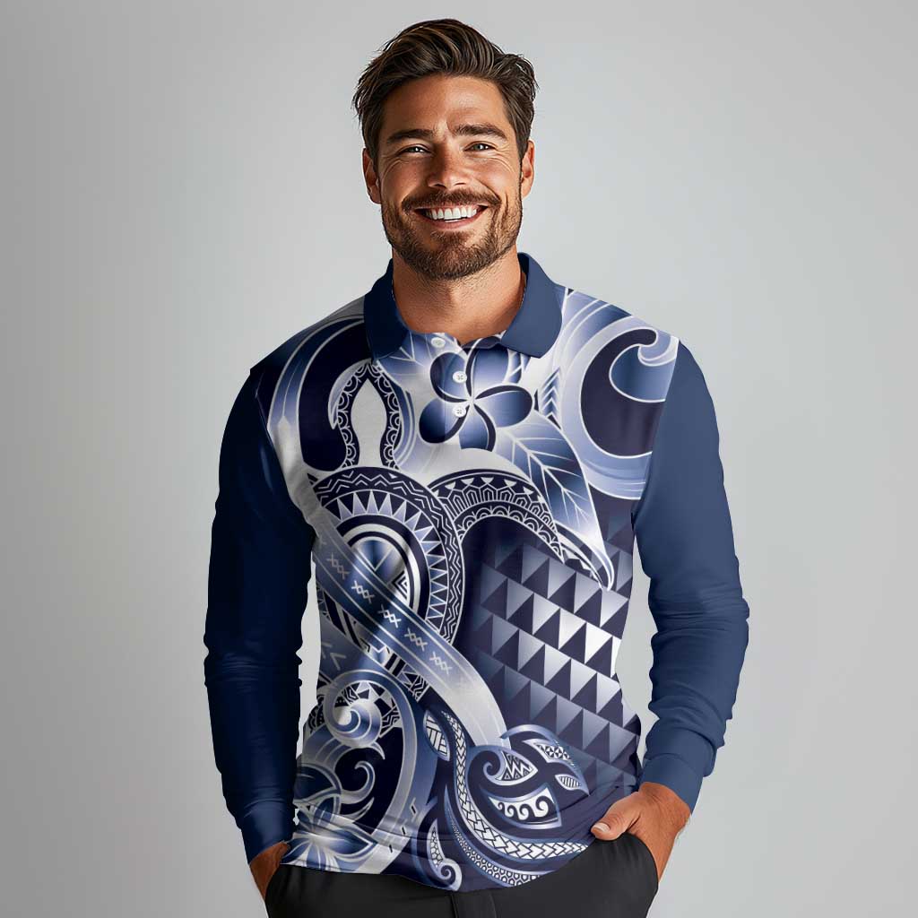 Aloha Blue Tribal Honu Tattoo Long Sleeve Polo Shirt