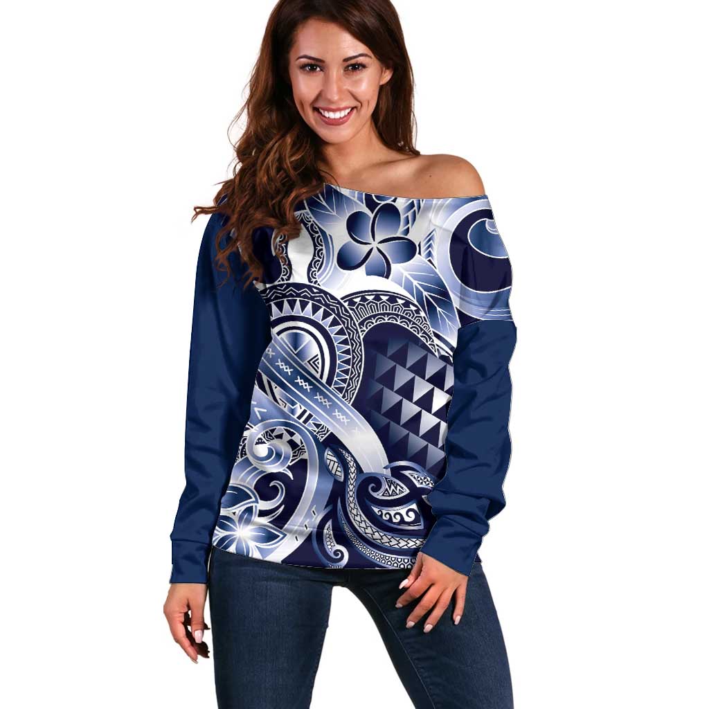 Aloha Blue Tribal Honu Tattoo Off Shoulder Sweater LT9 Women Blue - Polynesian Pride