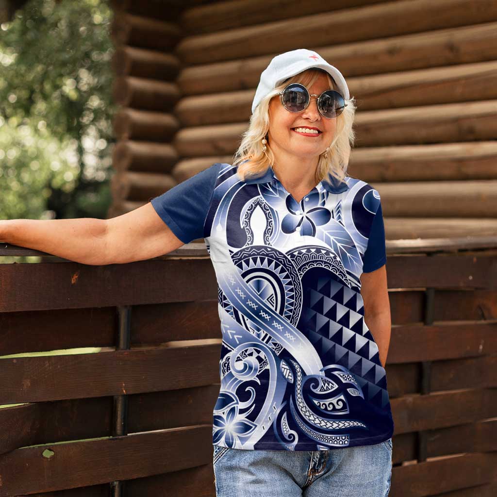 Aloha Blue Tribal Honu Tattoo Women Polo Shirt