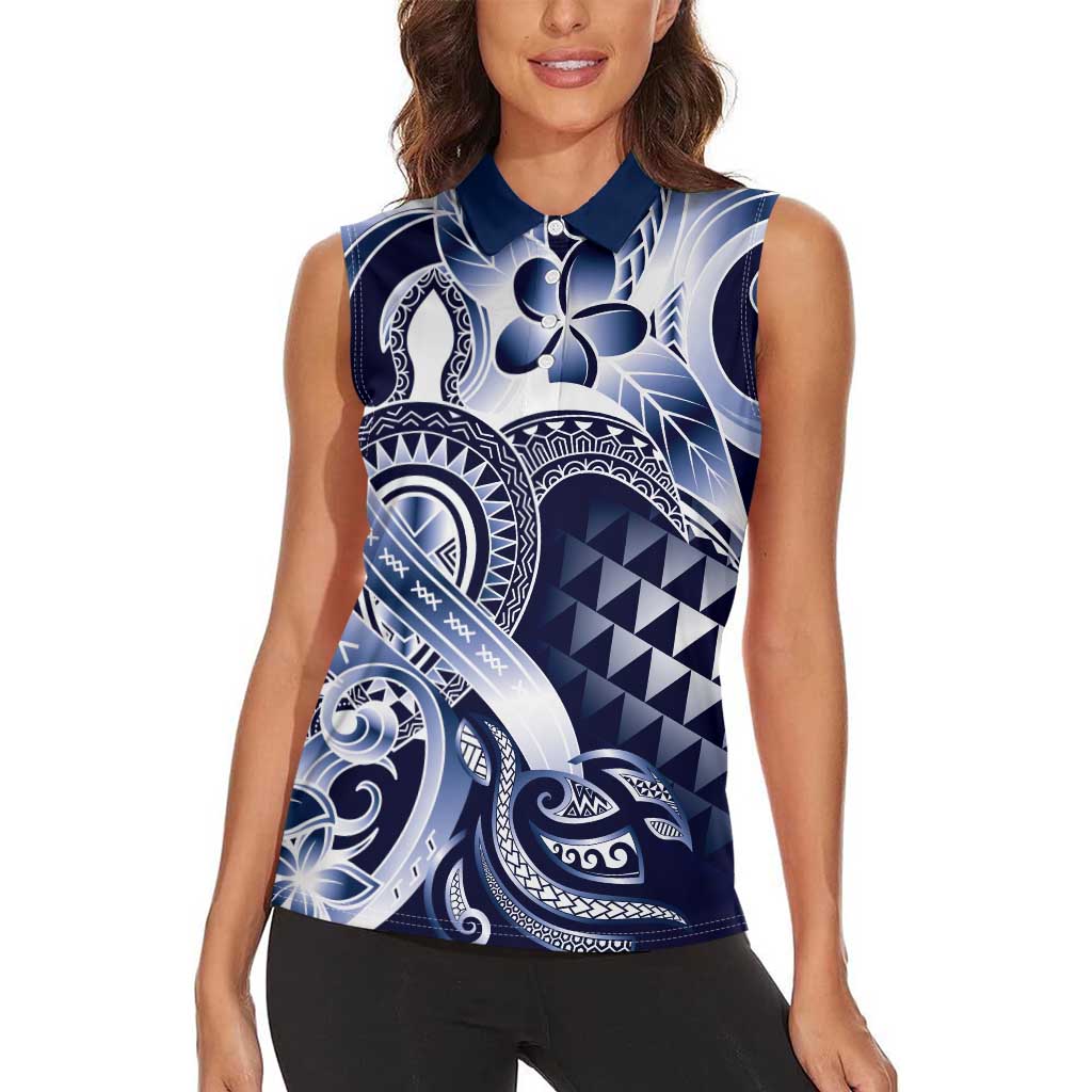 Aloha Blue Tribal Honu Tattoo Women Sleeveless Polo Shirt
