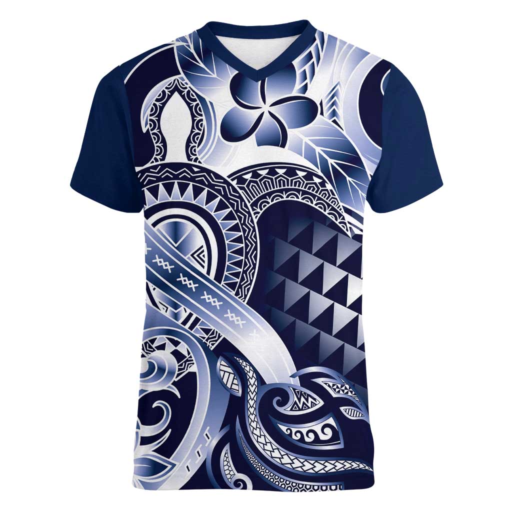 Aloha Blue Tribal Honu Tattoo Women V-Neck T-Shirt LT9 Female Blue - Polynesian Pride