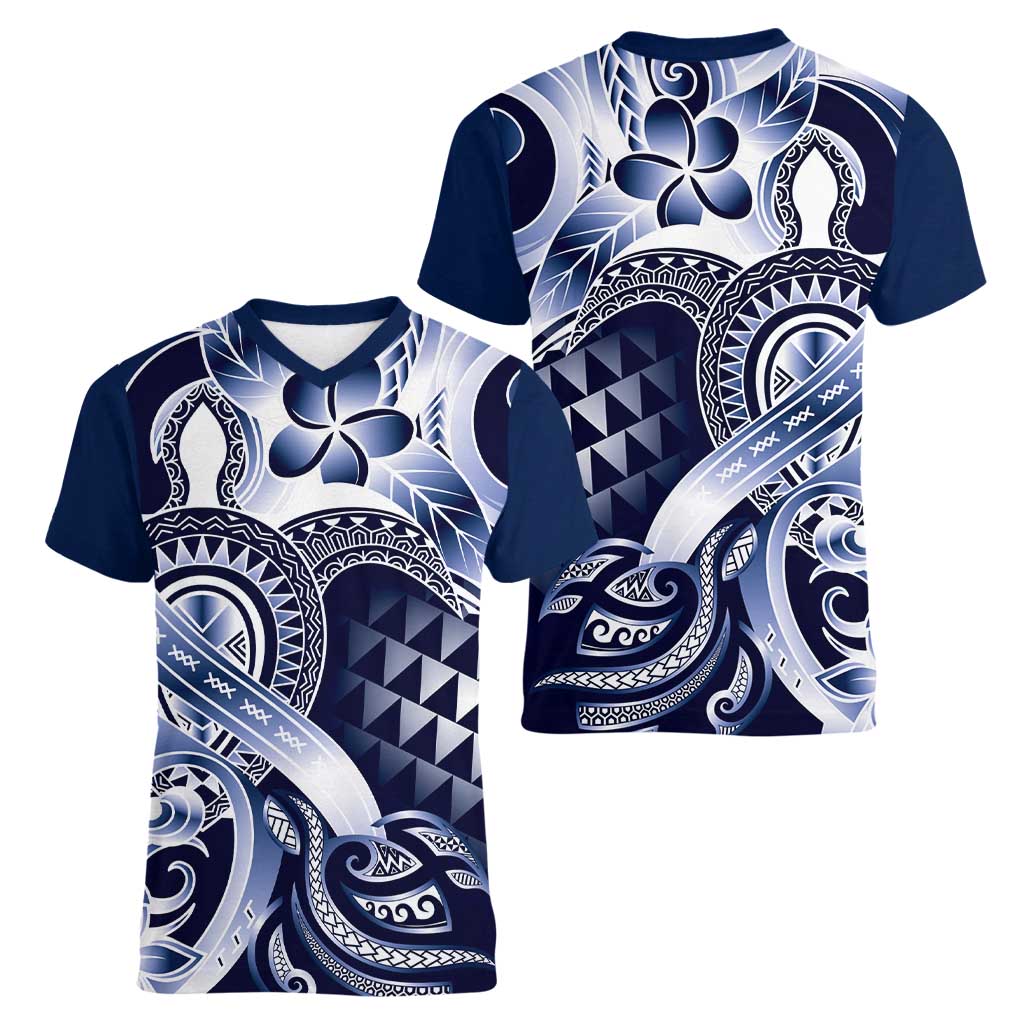 Aloha Blue Tribal Honu Tattoo Women V-Neck T-Shirt