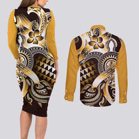 Aloha Gold Tribal Honu Tattoo Couples Matching Long Sleeve Bodycon Dress and Long Sleeve Button Shirt