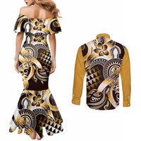 Aloha Gold Tribal Honu Tattoo Couples Matching Mermaid Dress and Long Sleeve Button Shirt