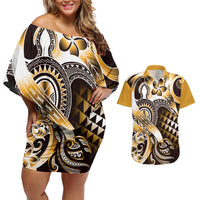 Aloha Gold Tribal Honu Tattoo Couples Matching Off Shoulder Short Dress and Hawaiian Shirt