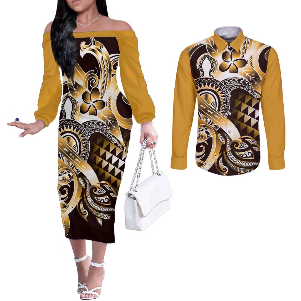 Aloha Gold Tribal Honu Tattoo Couples Matching Off The Shoulder Long Sleeve Dress and Long Sleeve Button Shirt