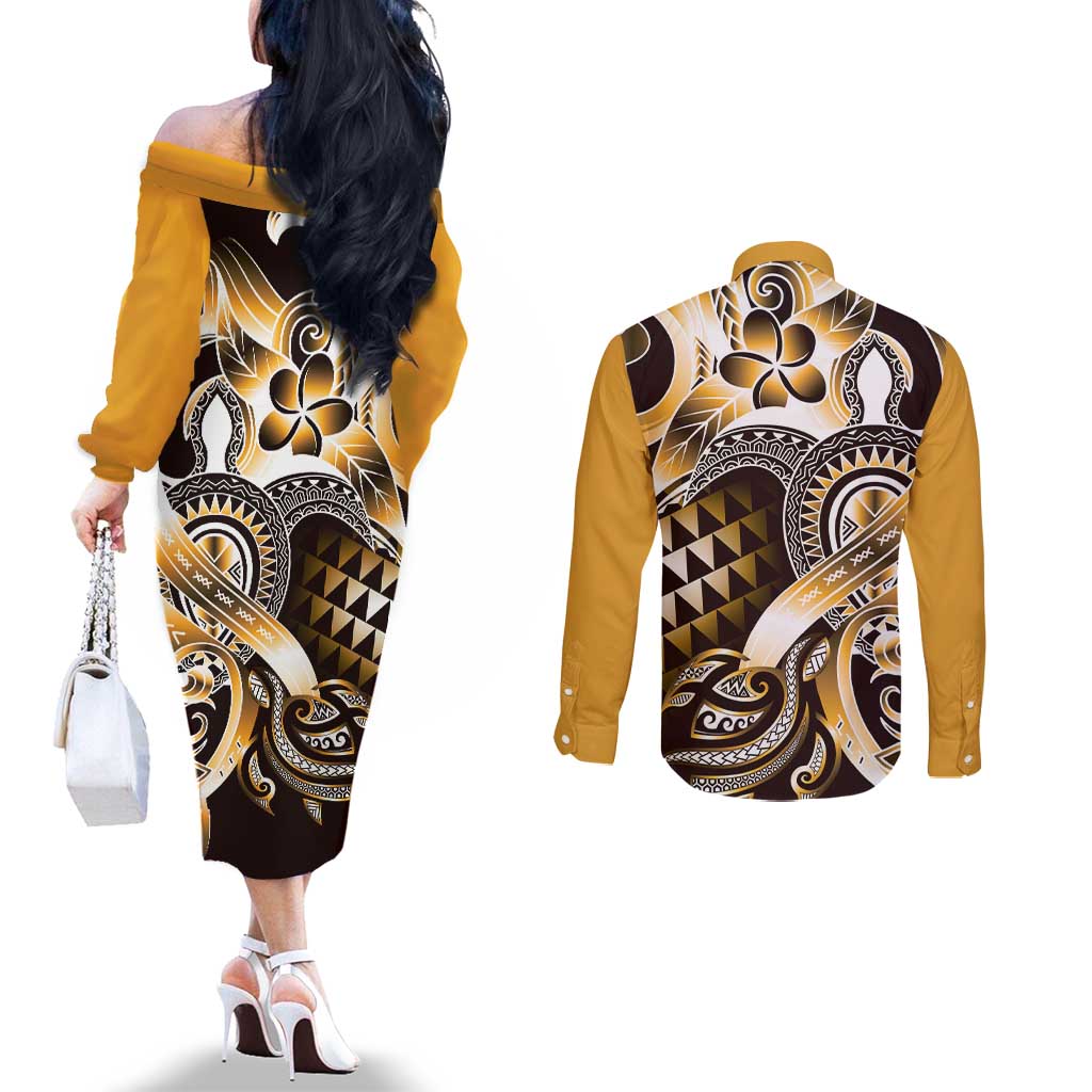 Aloha Gold Tribal Honu Tattoo Couples Matching Off The Shoulder Long Sleeve Dress and Long Sleeve Button Shirt