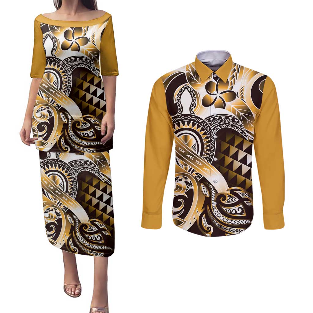 Aloha Gold Tribal Honu Tattoo Couples Matching Puletasi and Long Sleeve Button Shirt