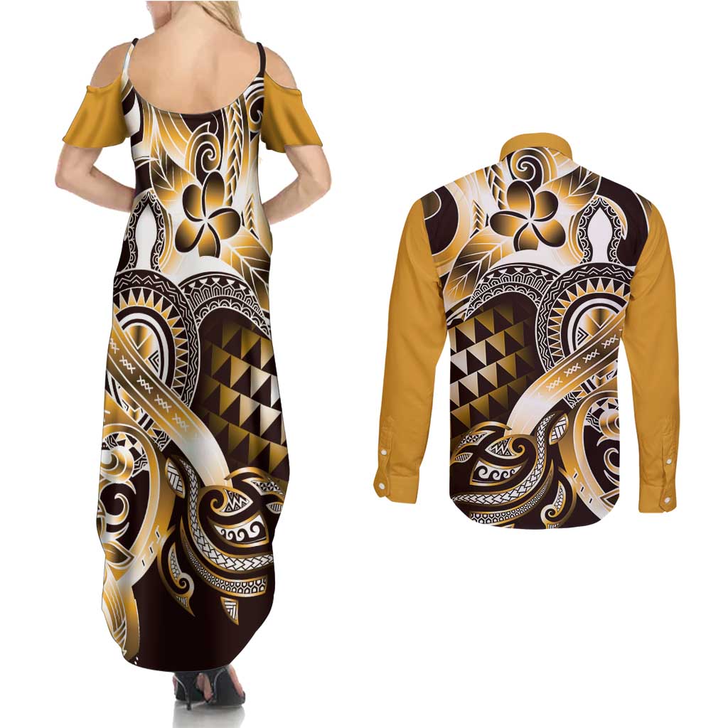 Aloha Gold Tribal Honu Tattoo Couples Matching Summer Maxi Dress and Long Sleeve Button Shirt
