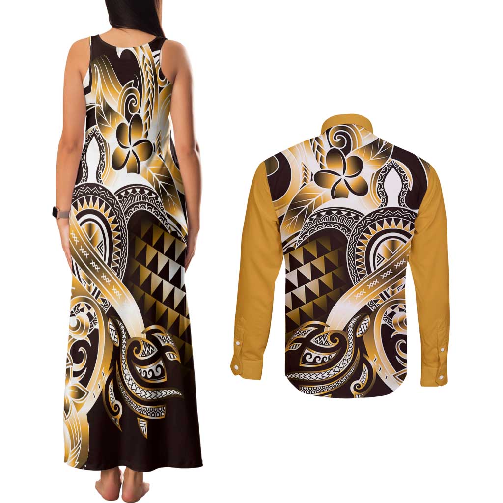 Aloha Gold Tribal Honu Tattoo Couples Matching Tank Maxi Dress and Long Sleeve Button Shirt