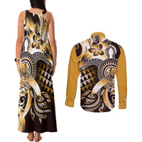 Aloha Gold Tribal Honu Tattoo Couples Matching Tank Maxi Dress and Long Sleeve Button Shirt