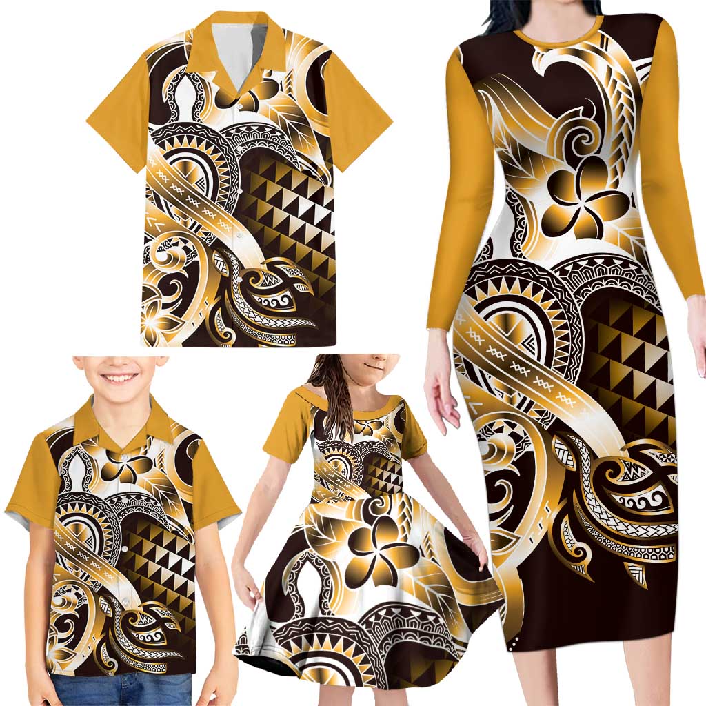 Aloha Gold Tribal Honu Tattoo Family Matching Long Sleeve Bodycon Dress and Hawaiian Shirt