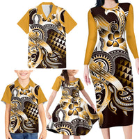 Aloha Gold Tribal Honu Tattoo Family Matching Long Sleeve Bodycon Dress and Hawaiian Shirt