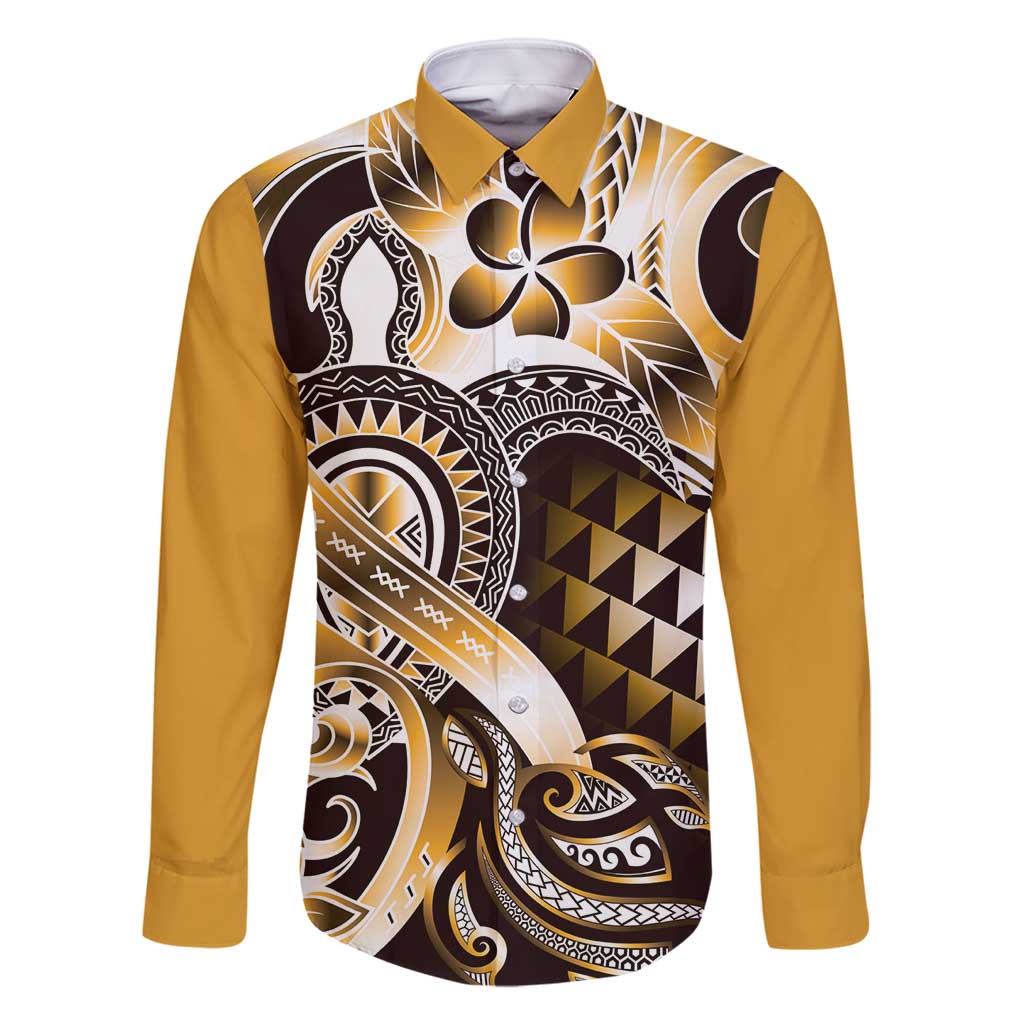 Aloha Gold Tribal Honu Tattoo Family Matching Long Sleeve Bodycon Dress and Hawaiian Shirt