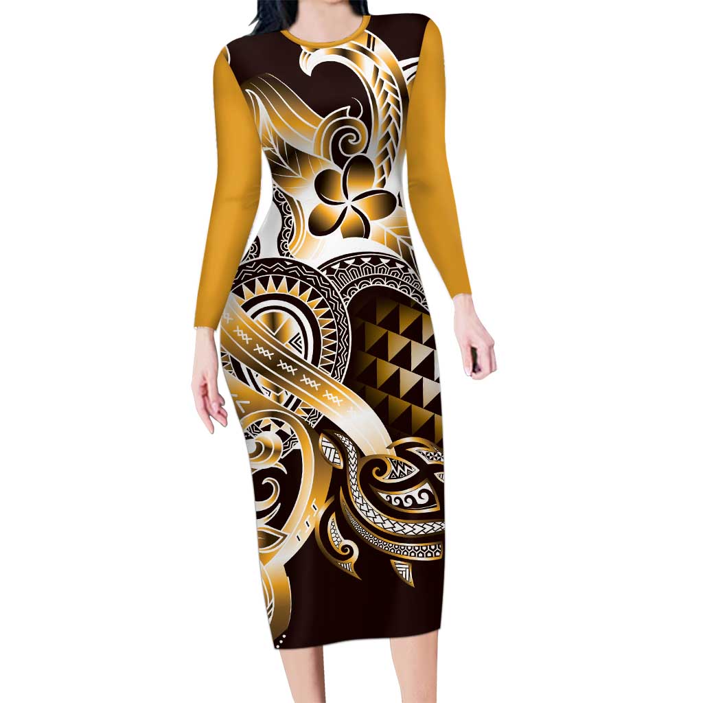 Aloha Gold Tribal Honu Tattoo Family Matching Long Sleeve Bodycon Dress and Hawaiian Shirt
