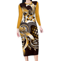 Aloha Gold Tribal Honu Tattoo Family Matching Long Sleeve Bodycon Dress and Hawaiian Shirt